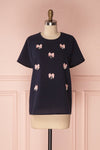 Jehane Loose Navy T-Shirt with Pink Bows & Pearls | Boutique 1861 1
