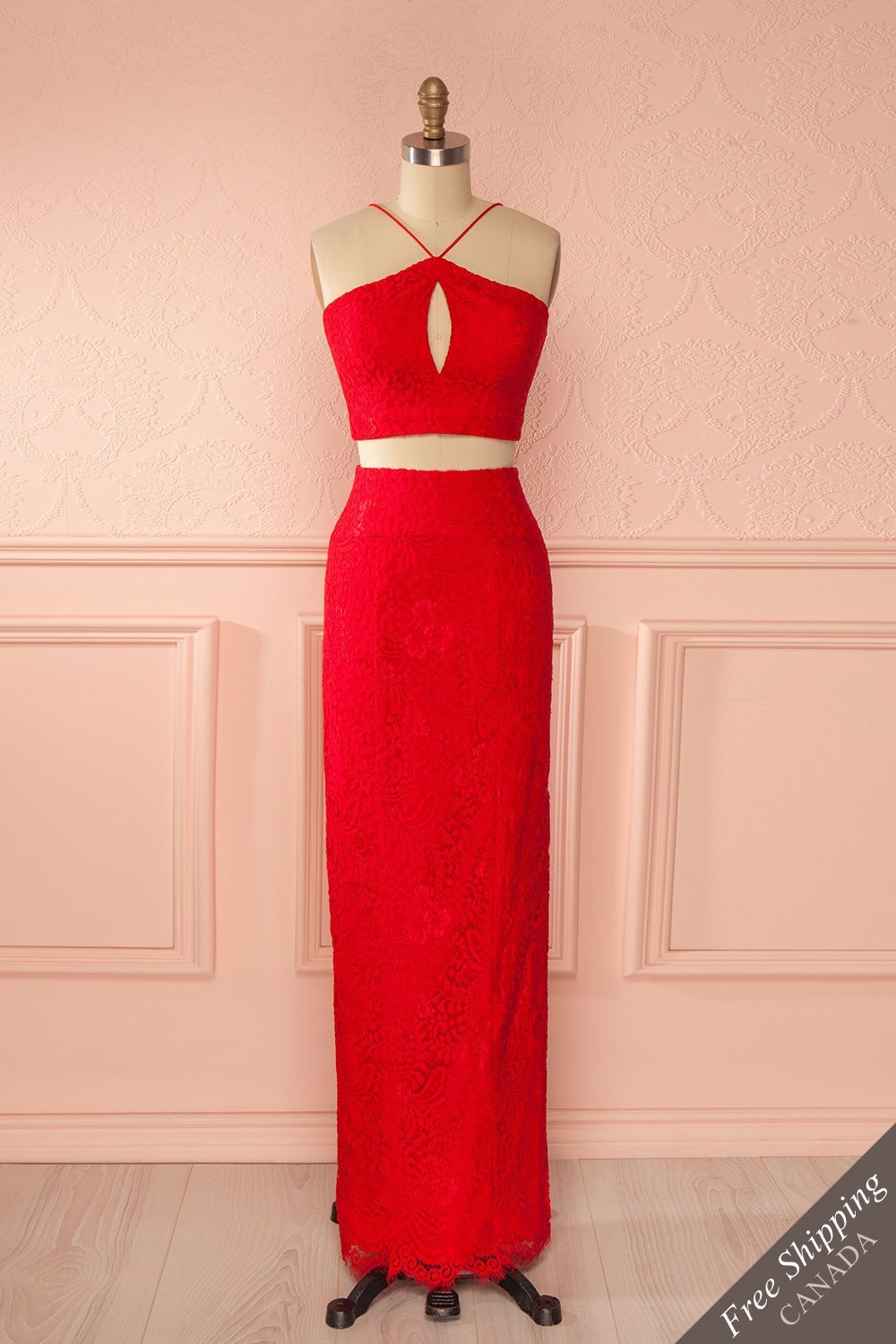 Jerika Red - Lace crop top and maxi fitted skirt