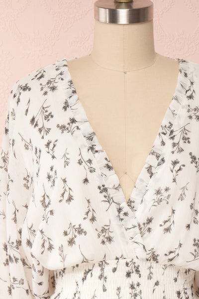 Joanie White Puffy Sleeve Floral Dress | Boutique 1861 front close up