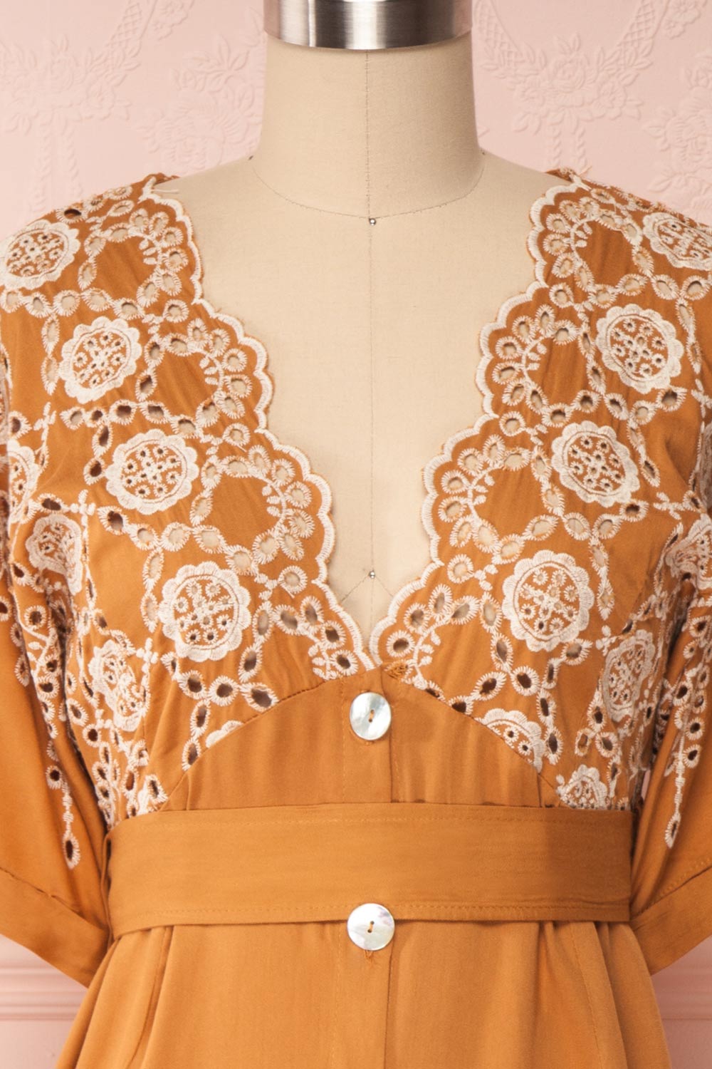 Jodie Camel Orange Button-Up Midi Dress | Boutique 1861 front close-up
