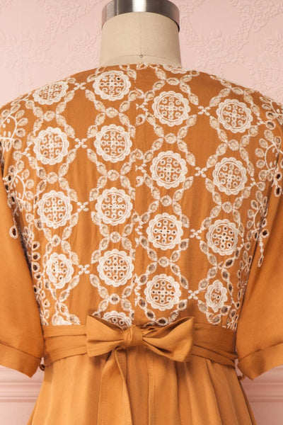 Jodie Camel Orange Button-Up Midi Dress | Boutique 1861 back close-up