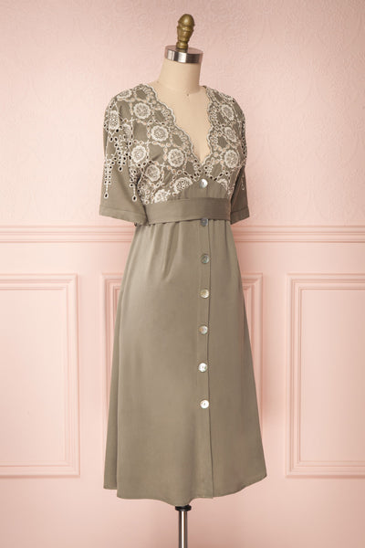 Jodie Khaki Green Button-Up Midi Dress | Boutique 1861 side view