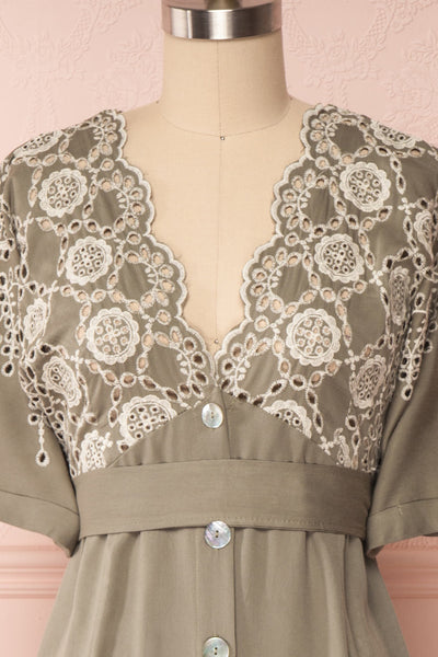 Jodie Khaki Green Button-Up Midi Dress | Boutique 1861 front close-up
