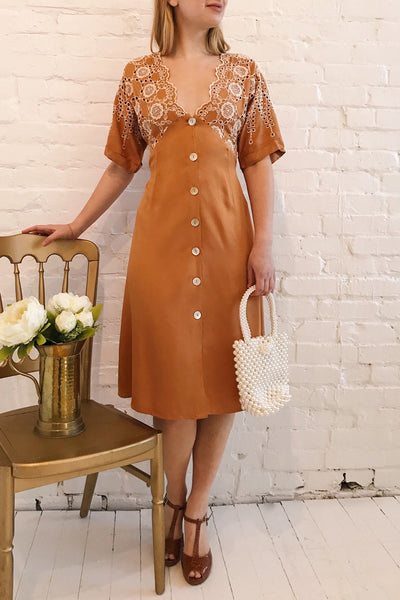 Jodie Camel Orange Button-Up Midi Dress | Boutique 1861 model look