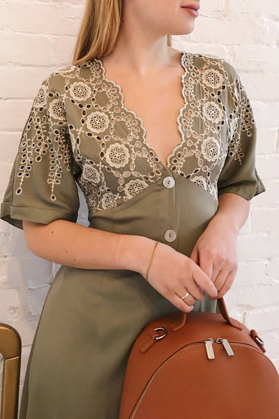 Jodie Khaki Green Button-Up Midi Dress | Boutique 1861 model close up