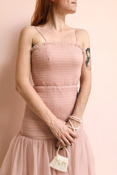 Johanne Nude Pink Layered Tulle Mermaid Dress | Boutique 1861 model close up
