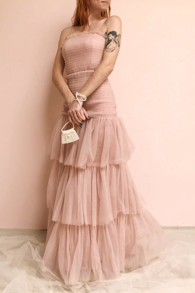 Johanne Nude Pink Layered Tulle Mermaid Dress | Boutique 1861 on model