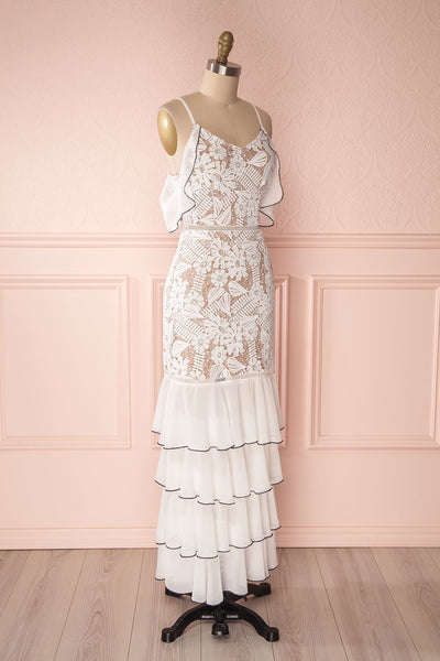 Jonalyn | White & Beige Crocheted Lace & Ruffles Dress