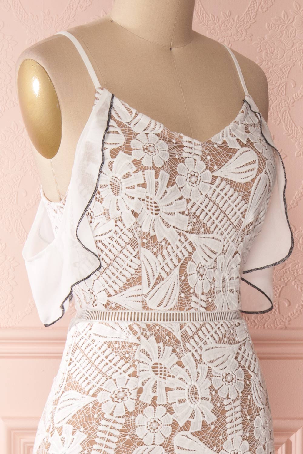 Jonalyn | White & Beige Crocheted Lace & Ruffles Dress