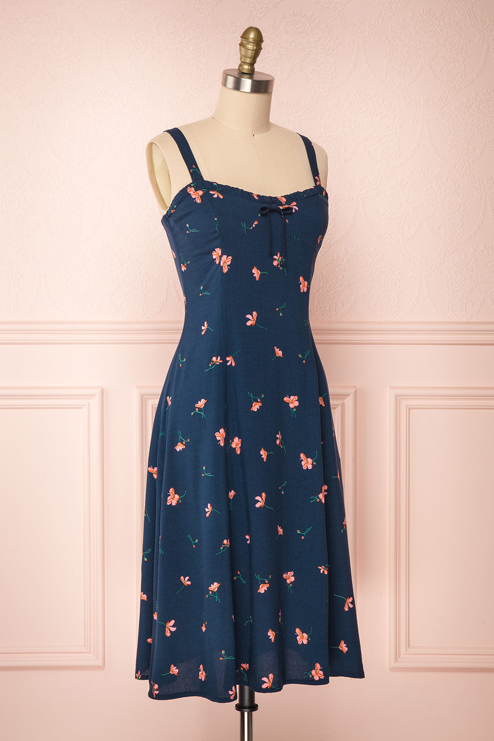 Jorunn Navy Blue & Pink Floral Flare Summer Dress | Boutique 1861