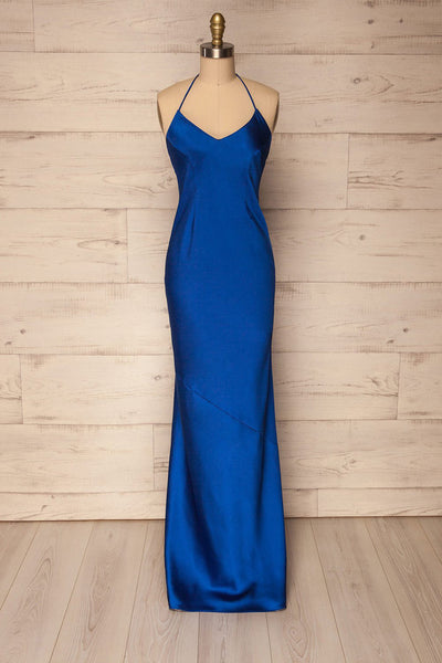 Jude Royal Blue Silky Flowy Halter Dress | La Petite Garçonne front view