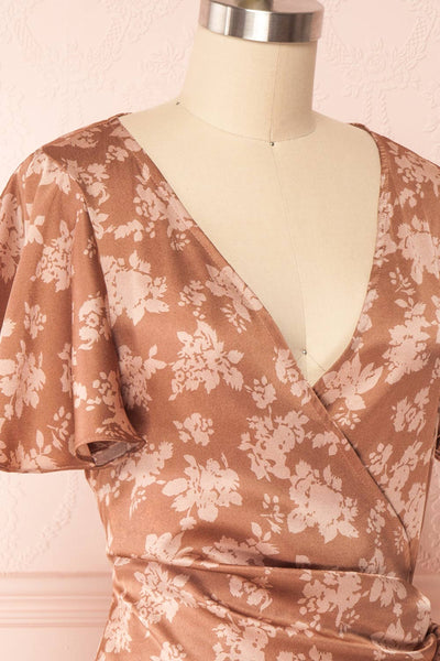 Julitta Bronze Silky Floral Wrap Dress | Boutique 1861 side close up