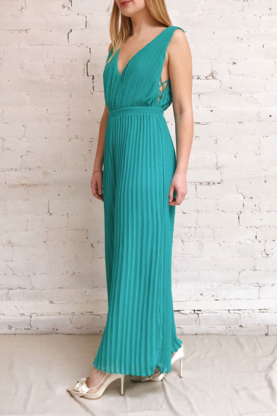 Segoleny Turquoise Pleated Wide Leg Jumpsuit | Boutique 1861 model look