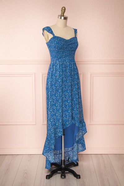Junonia Blue Floral High-Low Dress w/ Frills | Boutique 1861 side view