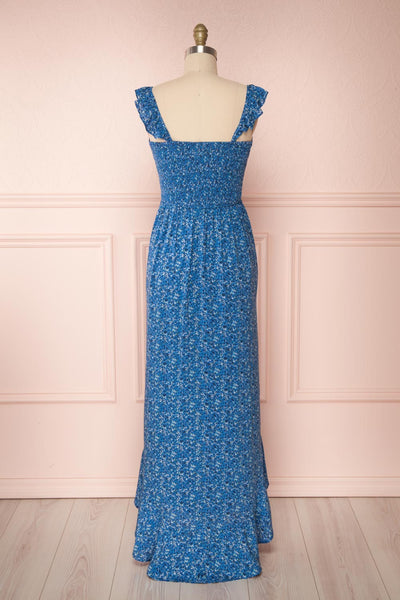Junonia Blue Floral High-Low Dress w/ Frills | Boutique 1861 back view