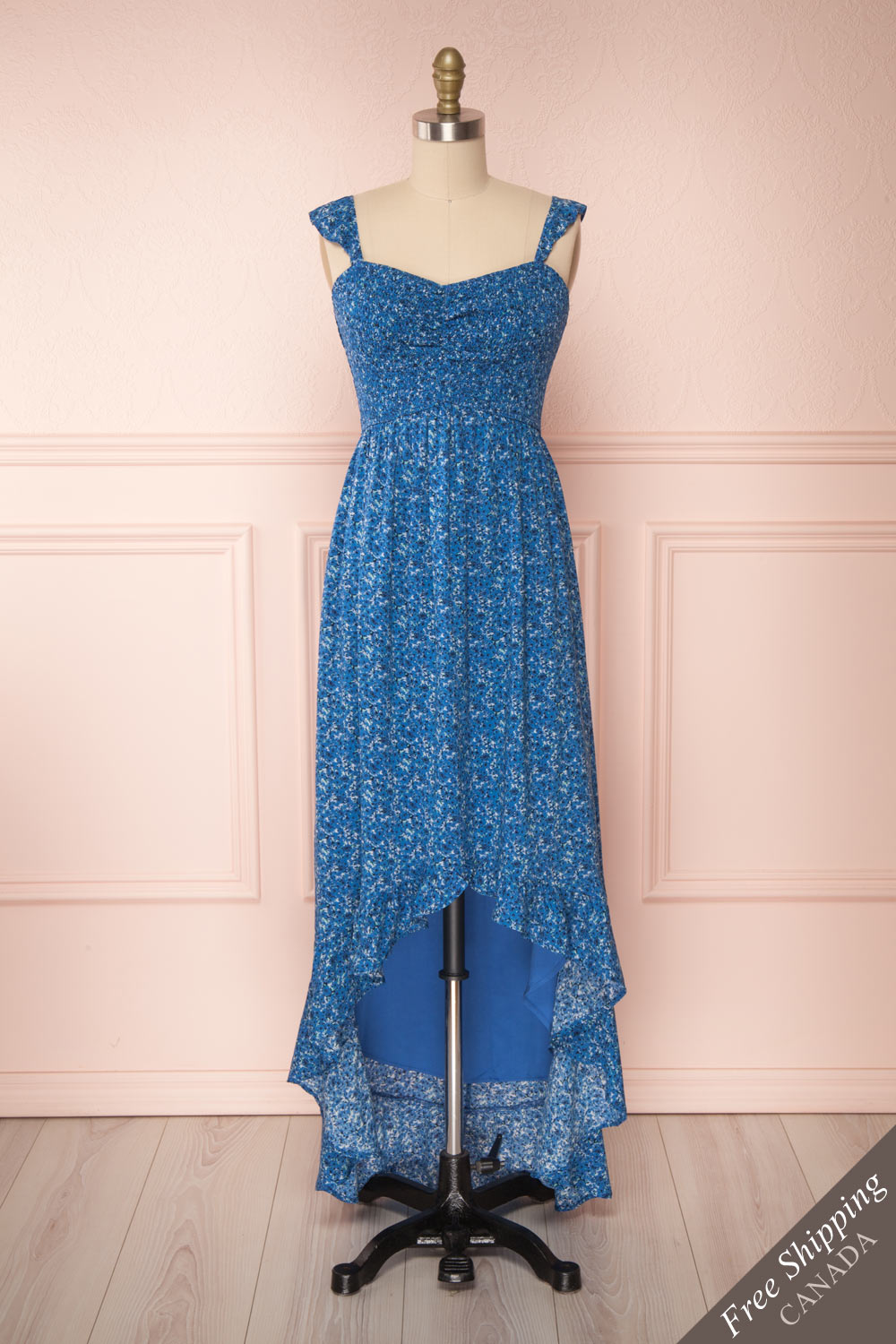 Junonia Blue Floral High-Low Dress w/ Frills | Boutique 1861 front view FS