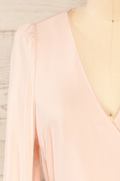 Krapkowice Pink Long Sleeve Faux-Wrap Neck Blouse | La petite garçonne front close-up