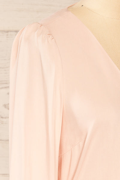 Krapkowice Pink Long Sleeve Faux-Wrap Neck Blouse | La petite garçonne side close-up