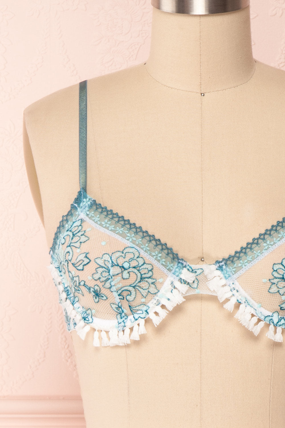 Kaarina White & Blue Floral Lace Bra | Boudoir 1861 front close-up