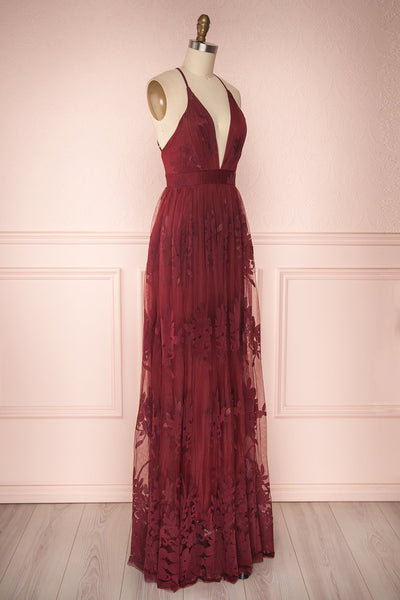 Kailania Burgundy | Floral Mesh Deep V-Neck Maxi Dress