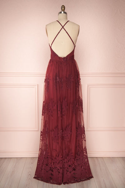 Kailania Burgundy | Floral Mesh Deep V-Neck Maxi Dress