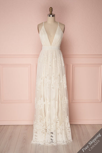 Kailania White Plunging Neckline Mesh Maxi Gown | Boutique 1861