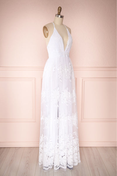 Kailania White | Floral Mesh Deep V-Neck Maxi Dress