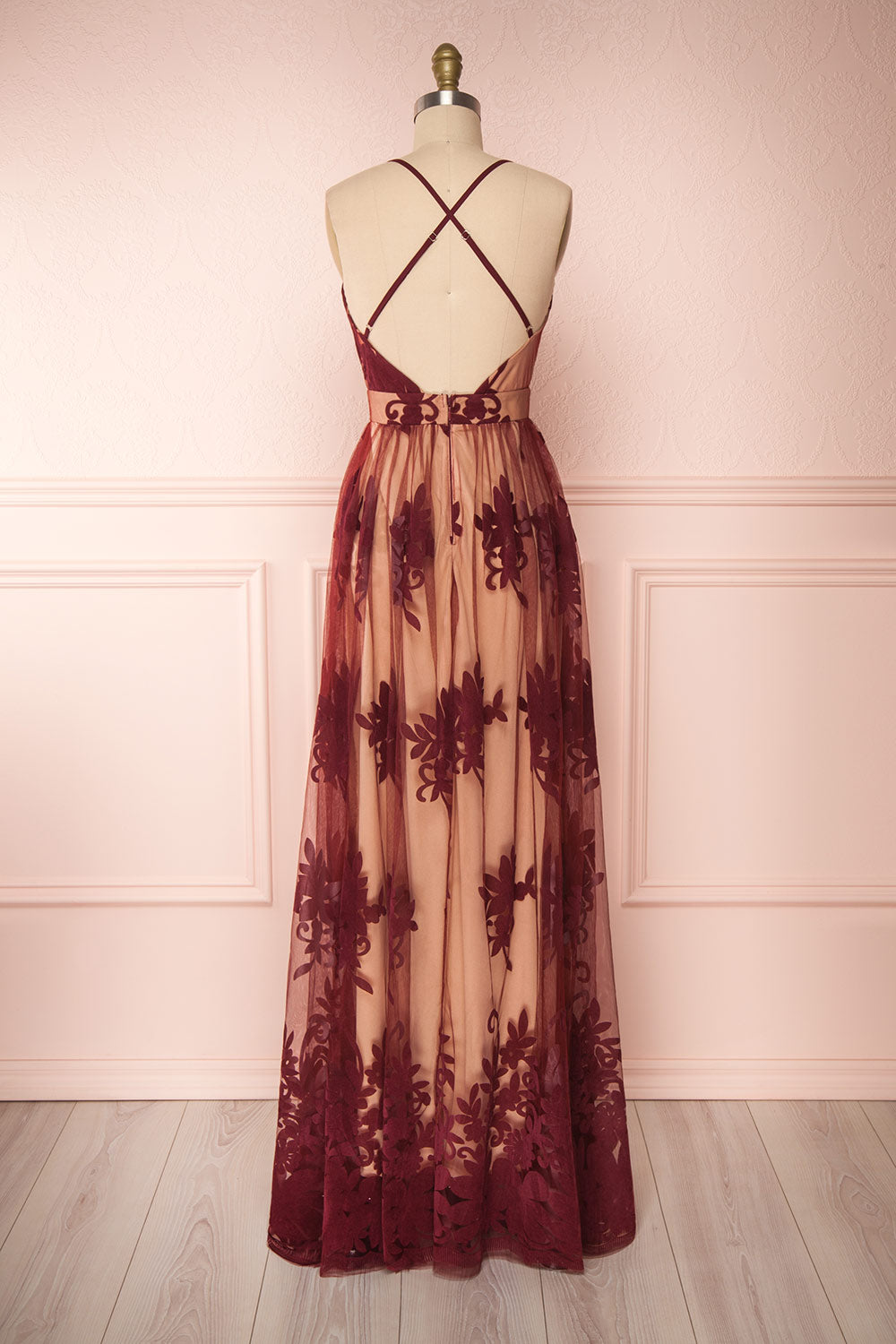 Kailania Wine Plunging Neckline Mesh Maxi Gown | Boutique 1861 back view 