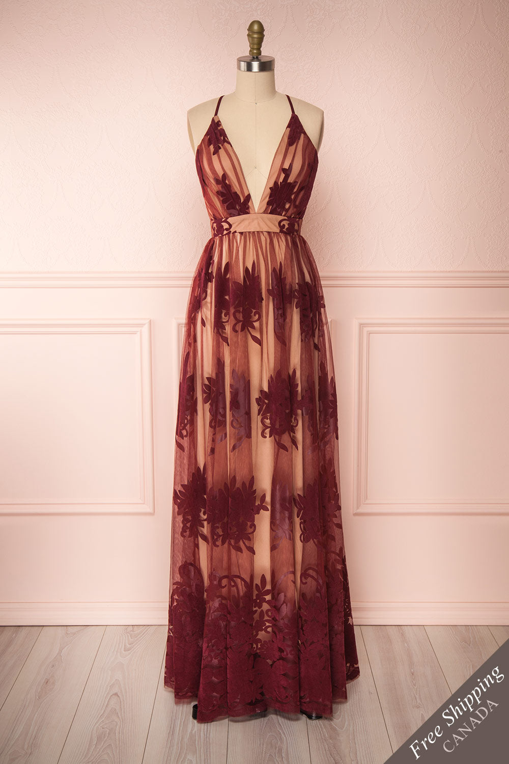 Kailania Wine Plunging Neckline Mesh Maxi Gown | Boutique 1861 front view 