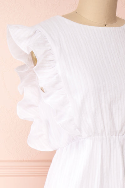 Kajsa White Midi Dress w/ Ruffles | Boutique 1861 side close-up