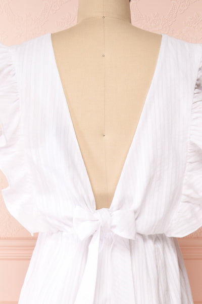 Kajsa White Midi Dress w/ Ruffles | Boutique 1861 back close-up