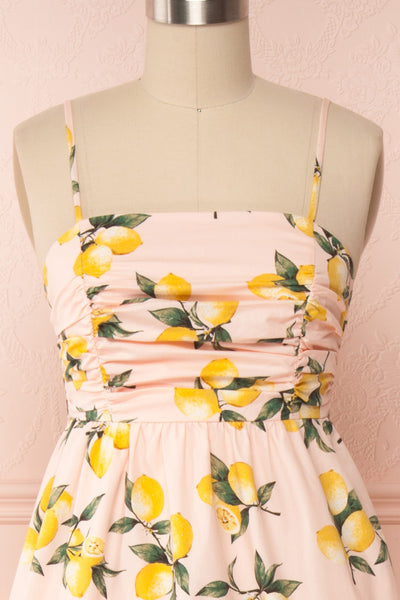 Kamala Pink Lemon Print A-Line Midi Dress | Boutique 1861 front close up
