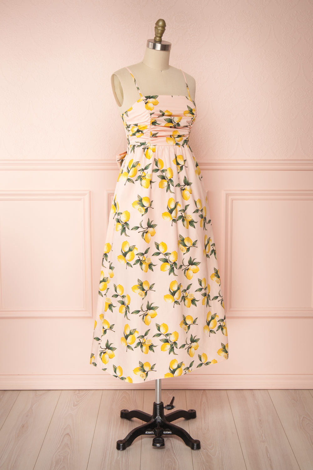 Kamala Pink Lemon Print A-Line Midi Dress | Boutique 1861 side view