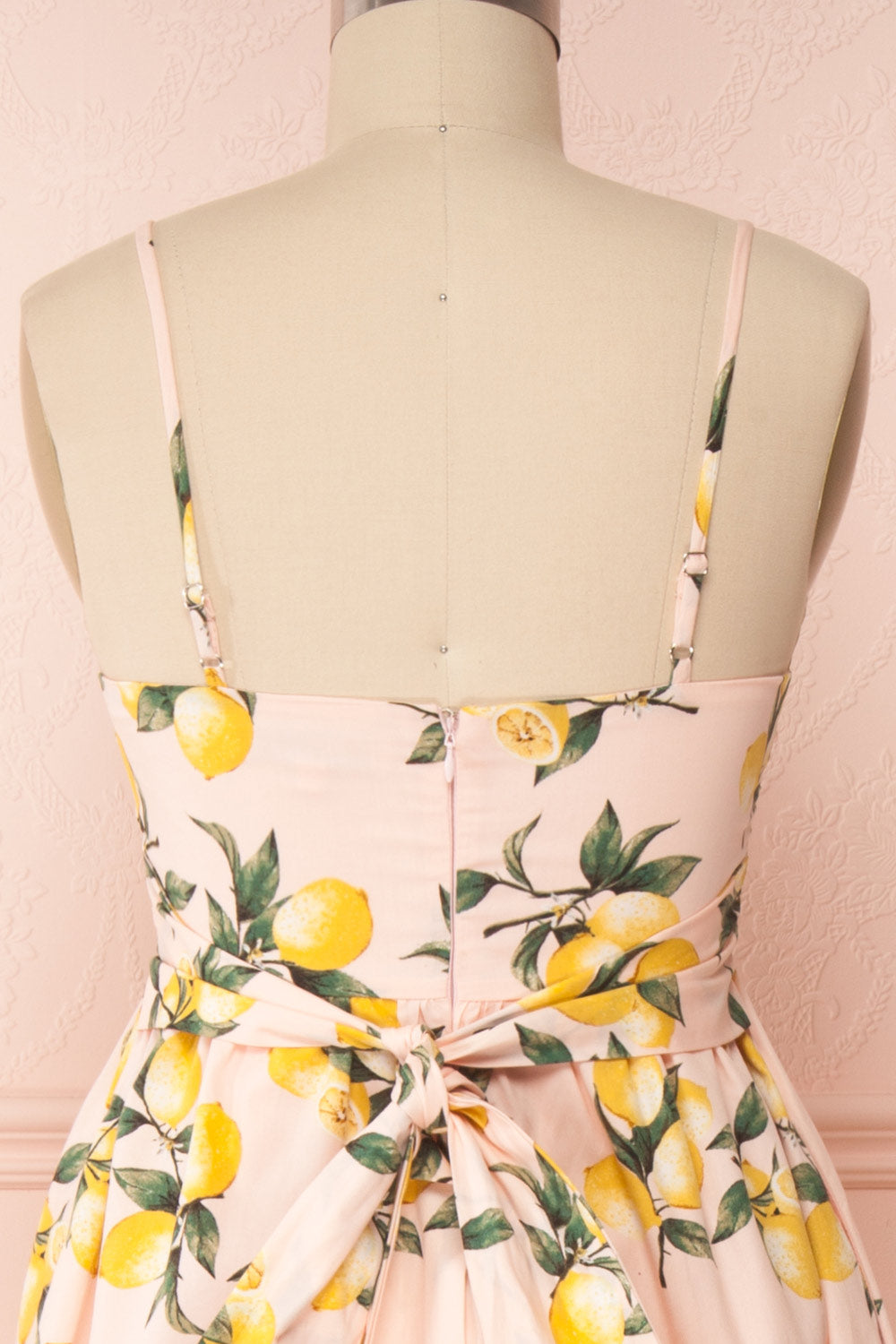 Kamala Pink Lemon Print A-Line Midi Dress | Boutique 1861 back close up