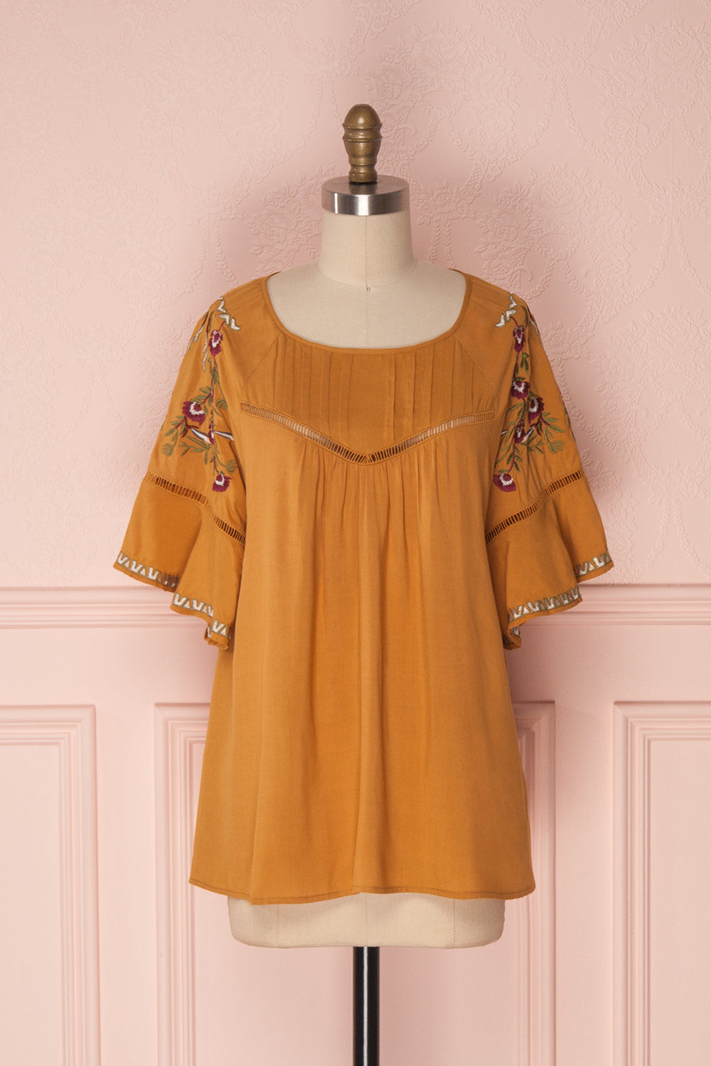 Kamily Mustard Yellow Loose T-Shirt with Embroidery | Boutique 1861