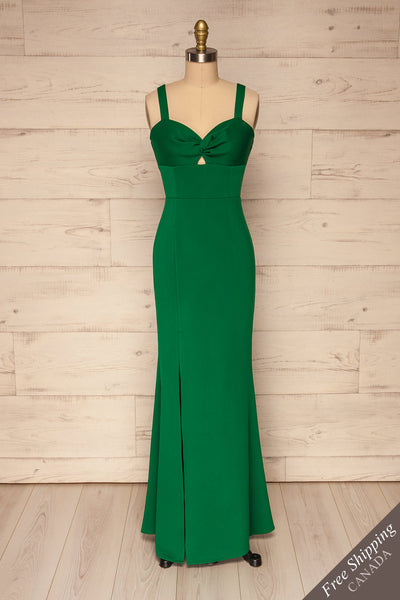 Kamza Green Fitted Maxi Dress w/ Slit | La petite garçonne front view