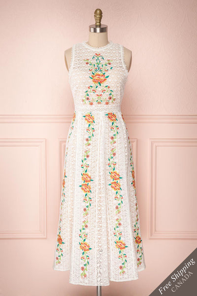 Kaneki White Lace Embroidered Midi A-Line Dress | Boudoir 1861