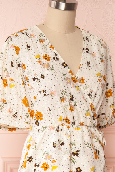 Kassy Beige Floral Patterned Short Dress | Boutique 1861 side close up