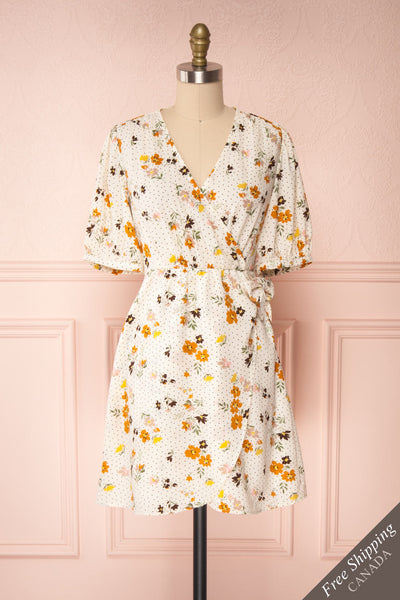 Kassy Beige Floral Patterned Short Dress | Boutique 1861 front view FS