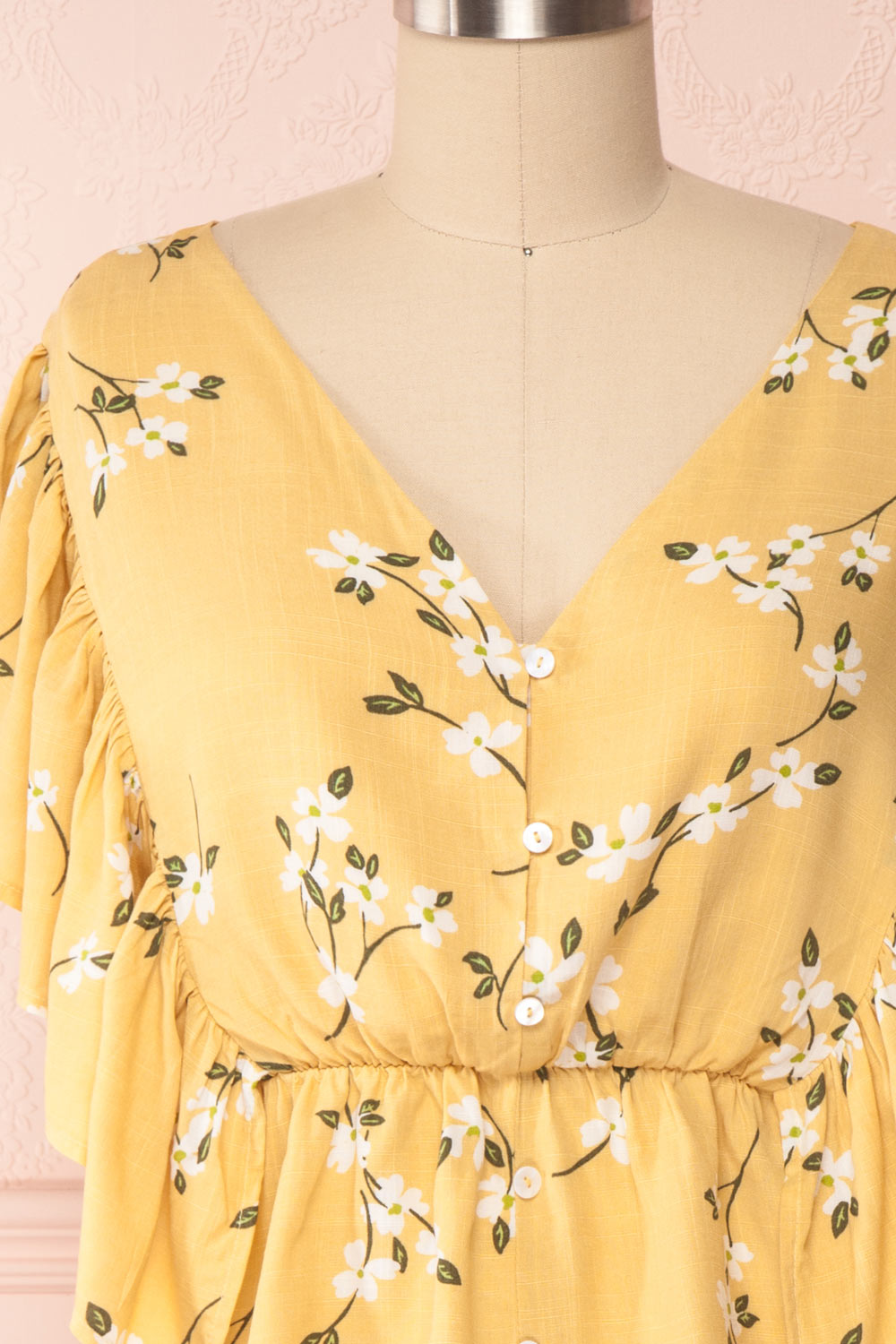 Katalina Yellow Floral Top with Frills | Boutique 1861 front close up