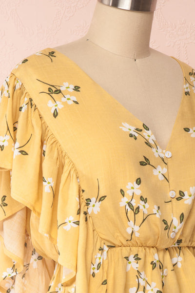 Katalina Yellow Floral Top with Frills | Boutique 1861 side close up