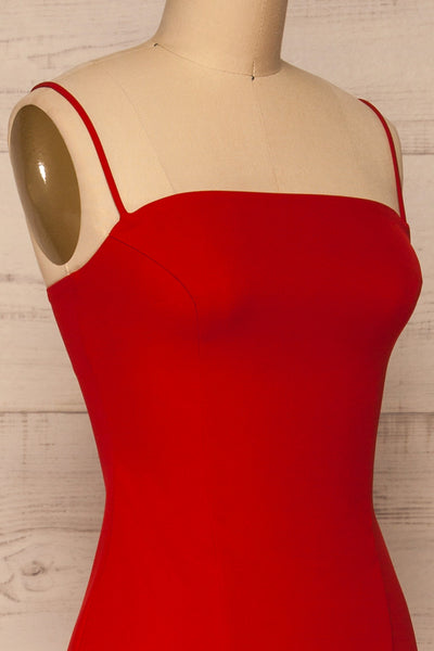 Kavala Red Fitted Midi Dress | La petite garçonne side close-up