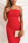 Kavala Red Fitted Midi Dress | La petite garçonne on model