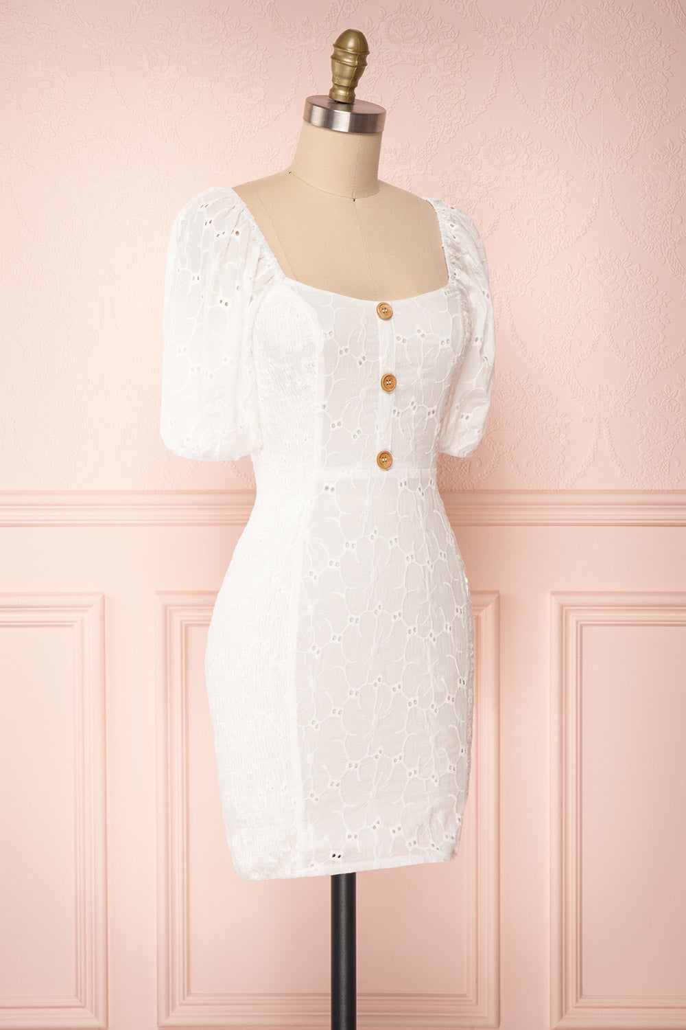 Kealani White Lace Fitted Dress with Puff Sleeves | Boutique 1861