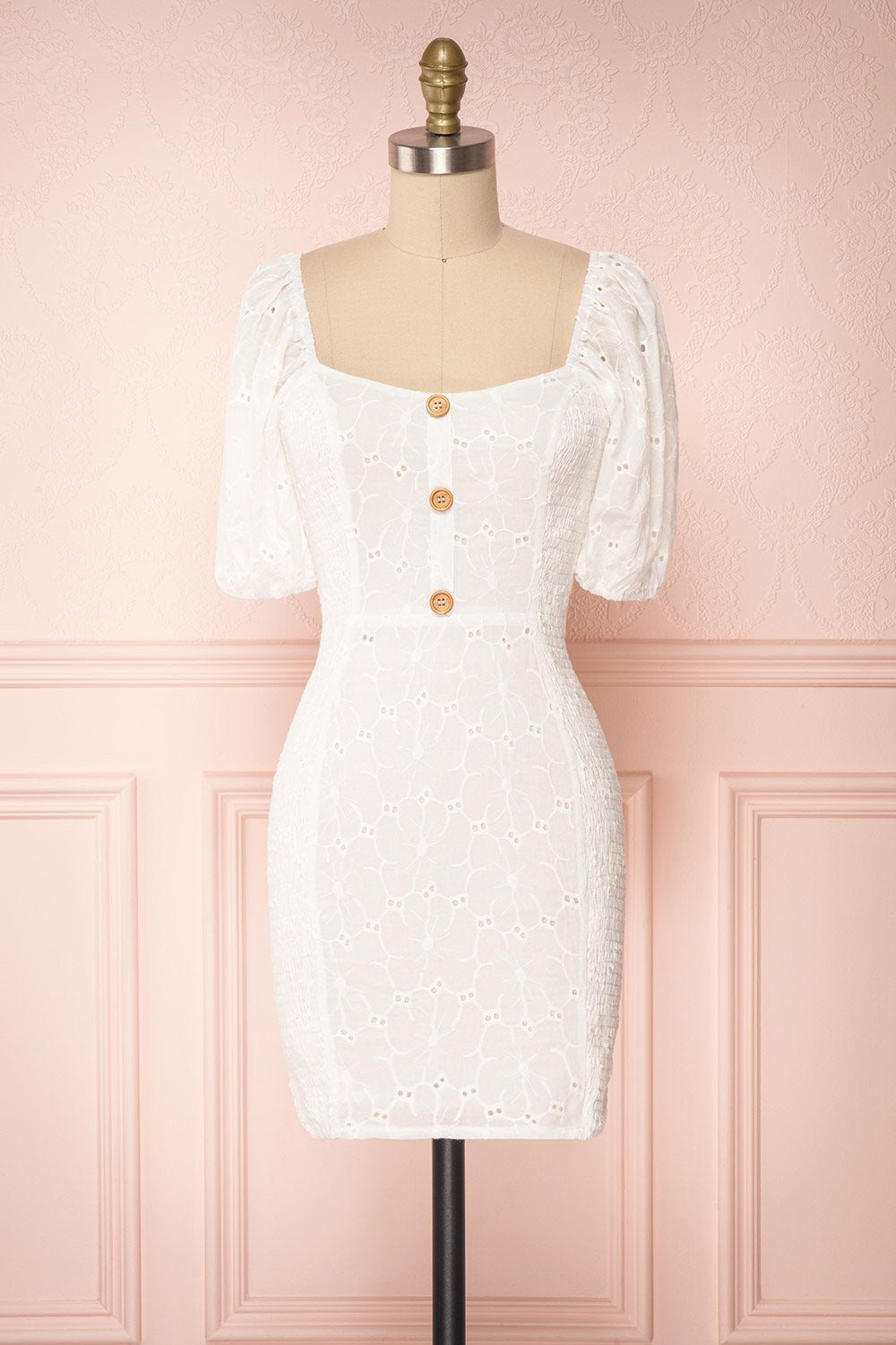 Kealani White Lace Fitted Dress with Puff Sleeves | Boutique 1861