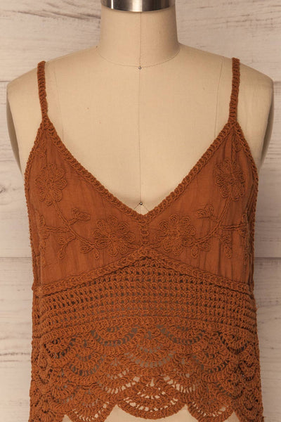 Kefalos Clay Brown Crocheted Lace Crop Top | La Petite Garçonne 4