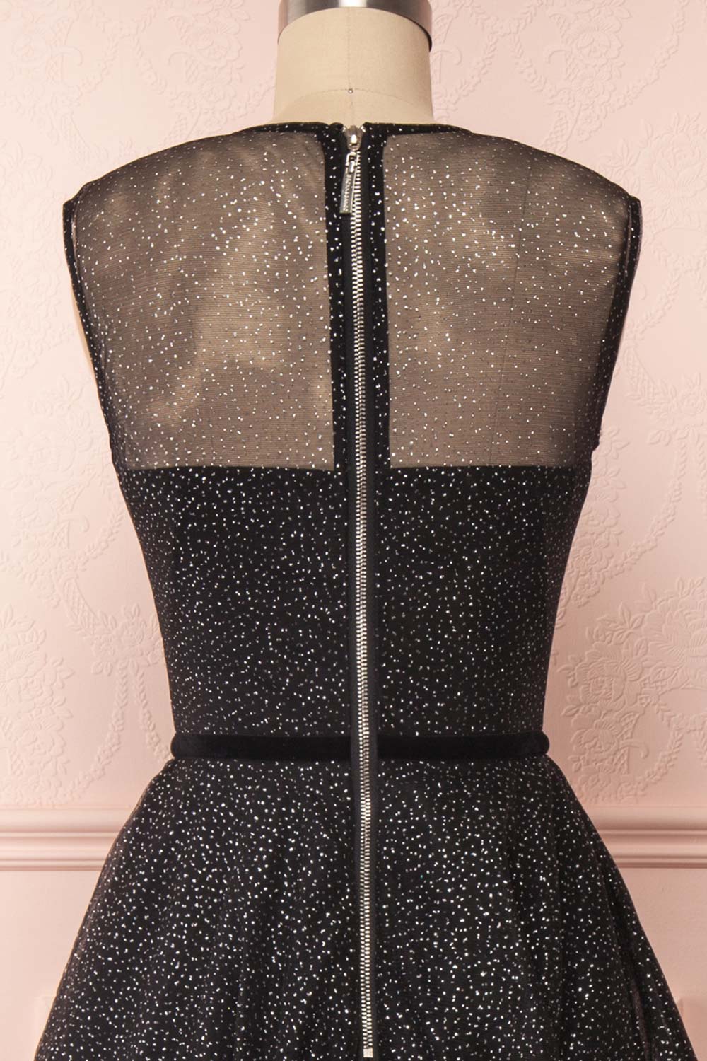 Kenyka Black & Silver Glitter A-Line Party Dress | BACK CLOSE UP | Boutique 1861
