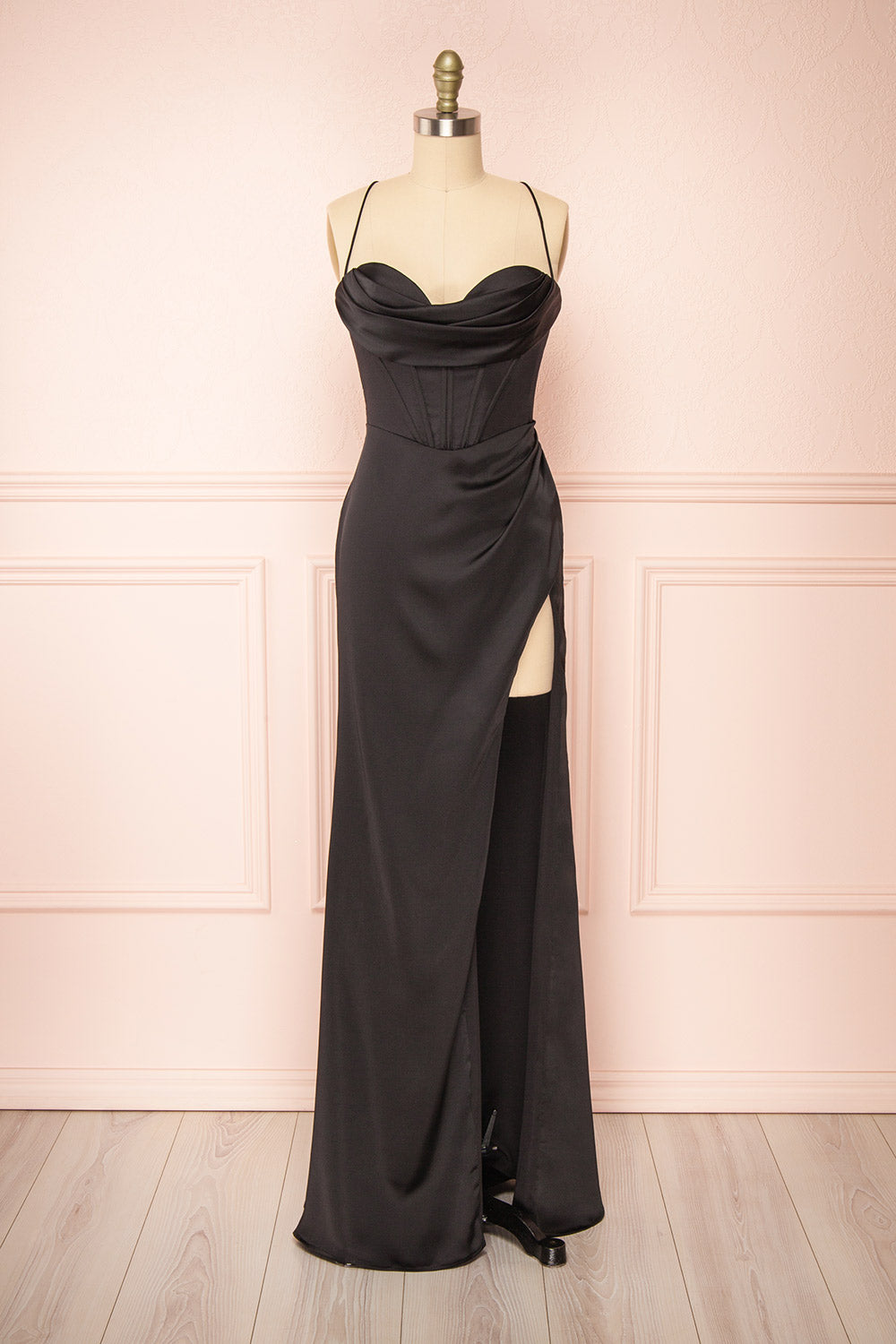 Kesha Black Corset Cowl Neck Maxi Dress