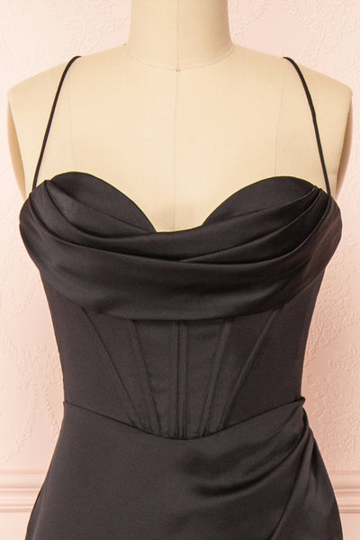 Kesha Black Corset Cowl Neck Maxi Dress | Boutique 1861 front close-up