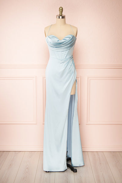 Kesha Blue Corset Cowl Neck Maxi Dress | Boutique 1861 front view